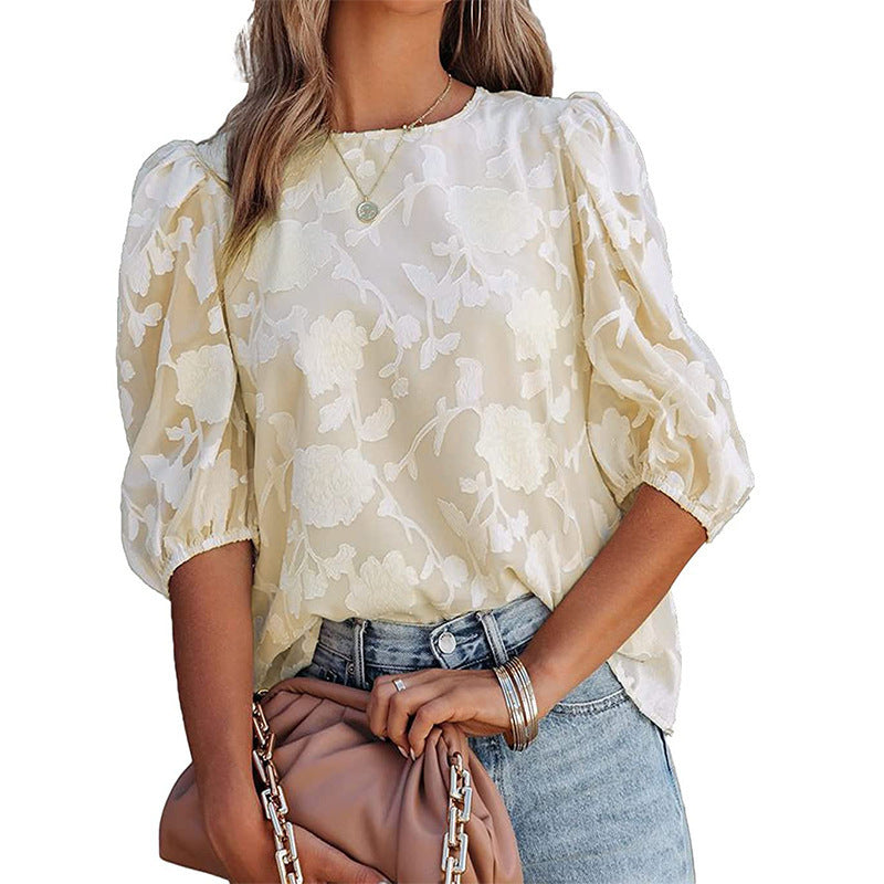 2025YJWomen's Puff Sleeve Chiffon Loose Top Flower Texture Shirt