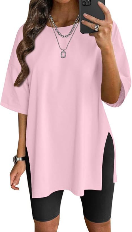 Women's Solid Color Split Short-sleeved T-shirt Round Neck Loose Top