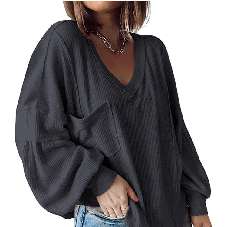 2025YJ Casual V-neck Pocket Lantern Sleeve Loose Knitted Pullover Shirt Women