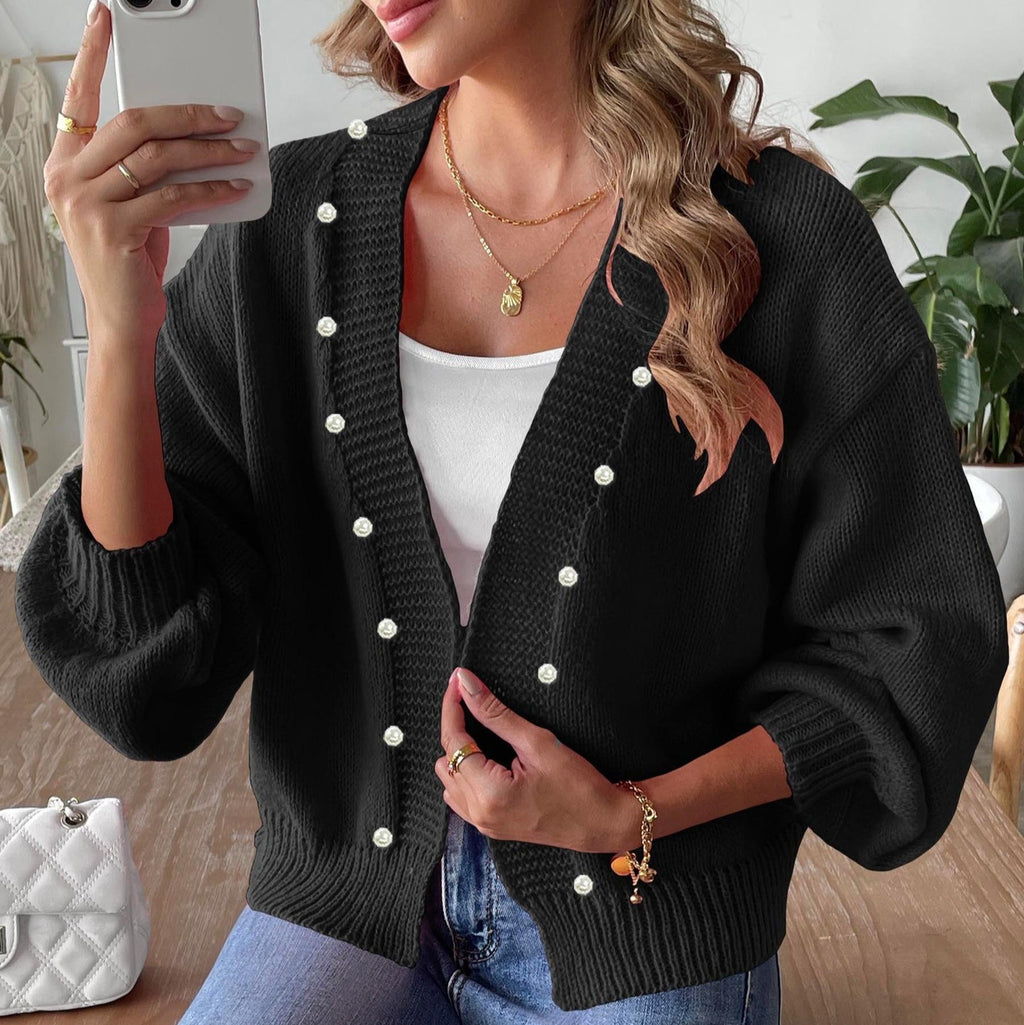 Women's Short Pearl Beaded Casual Loose Non-buckle Woven Sweater Coat