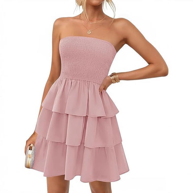 YJ Women's Summer Pleated Tube Top Dress Off-the-shoulder Dress