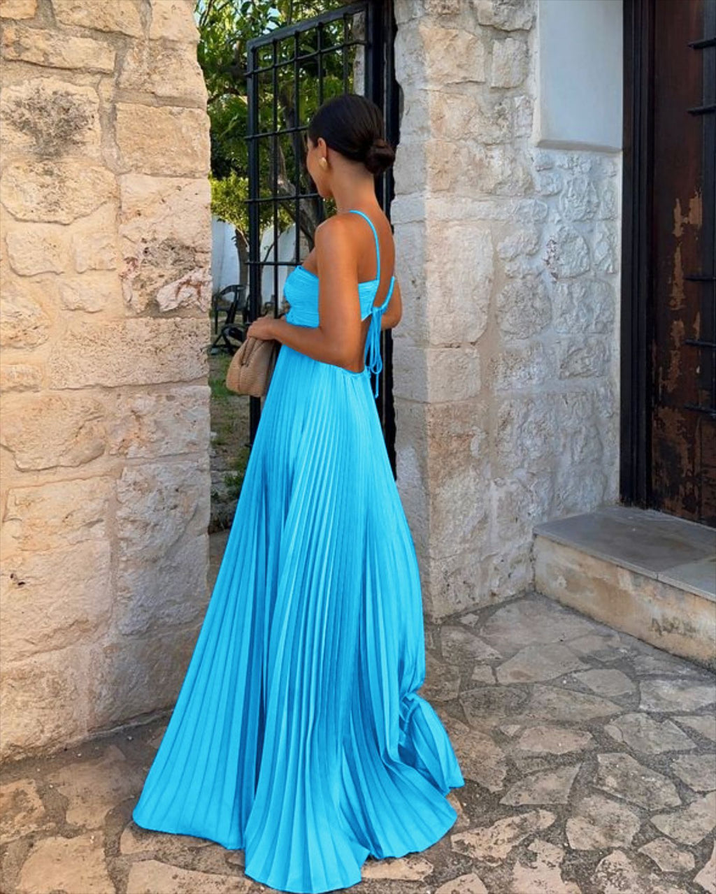 2025YJ Ins Pleated Sleeveless Sling Dress Hollow High Waist Halter Robe Dresses For Evening Party Club Clothing Women