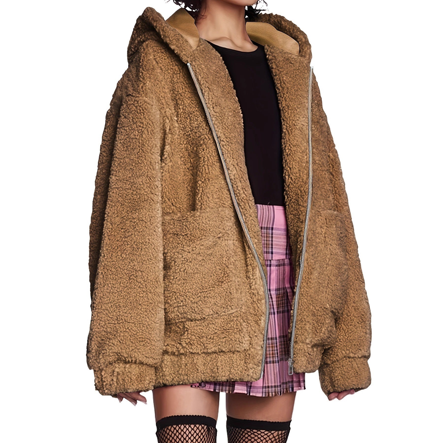 Plush Coat Female Temperament Hooded Fur With Pockets