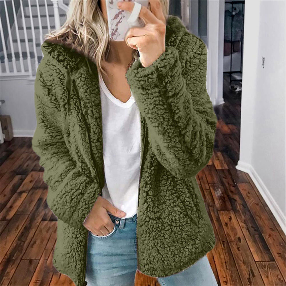YJ Women's Casual Hooded Woolen Jacket
