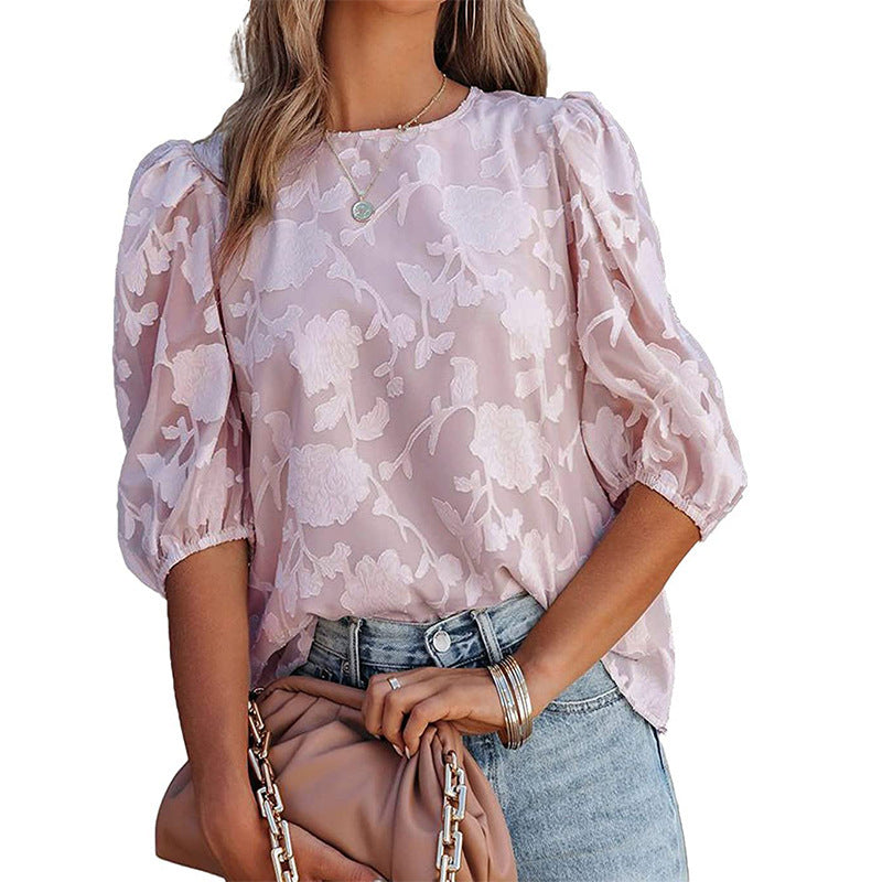 2025YJWomen's Puff Sleeve Chiffon Loose Top Flower Texture Shirt
