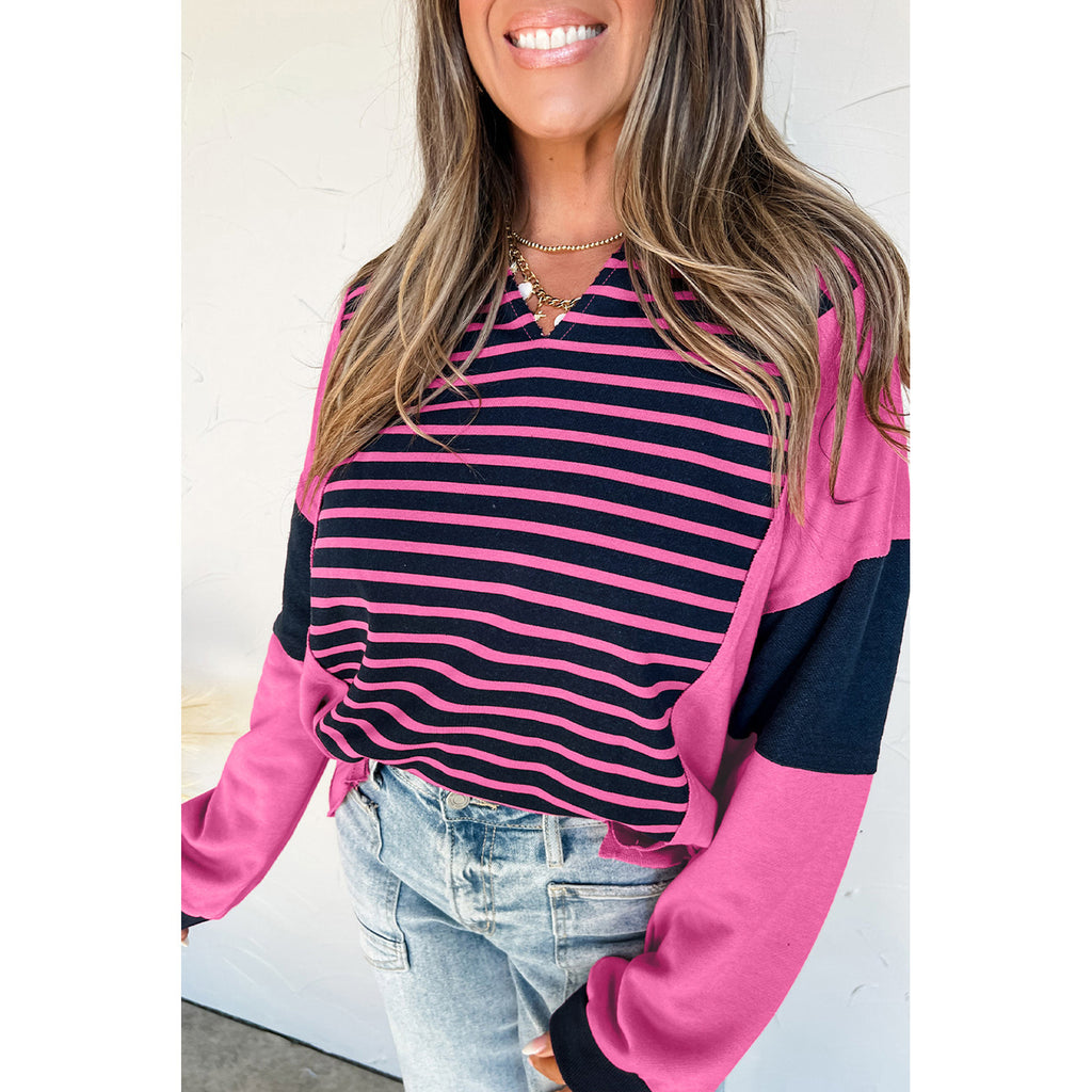 Color Contrast Patchwork V-neck Long Sleeve Top