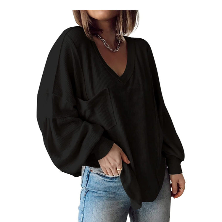 2025YJ Casual V-neck Pocket Lantern Sleeve Loose Knitted Pullover Shirt Women