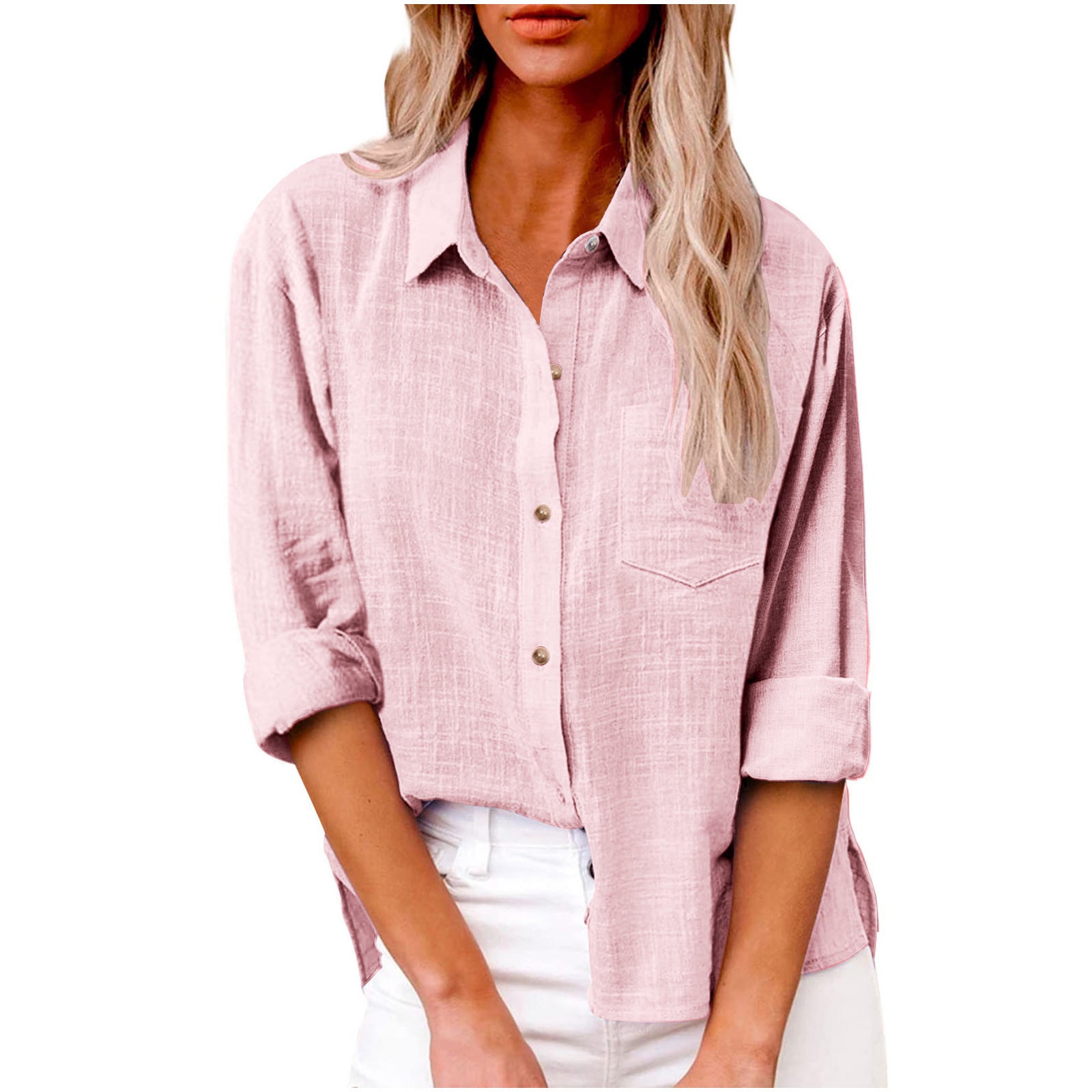 Pocket Split Cotton And Linen Long-sleeved Shirt