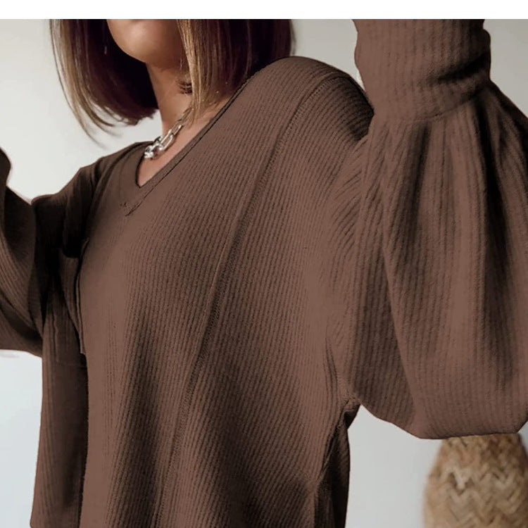 2025YJ Casual V-neck Pocket Lantern Sleeve Loose Knitted Pullover Shirt Women