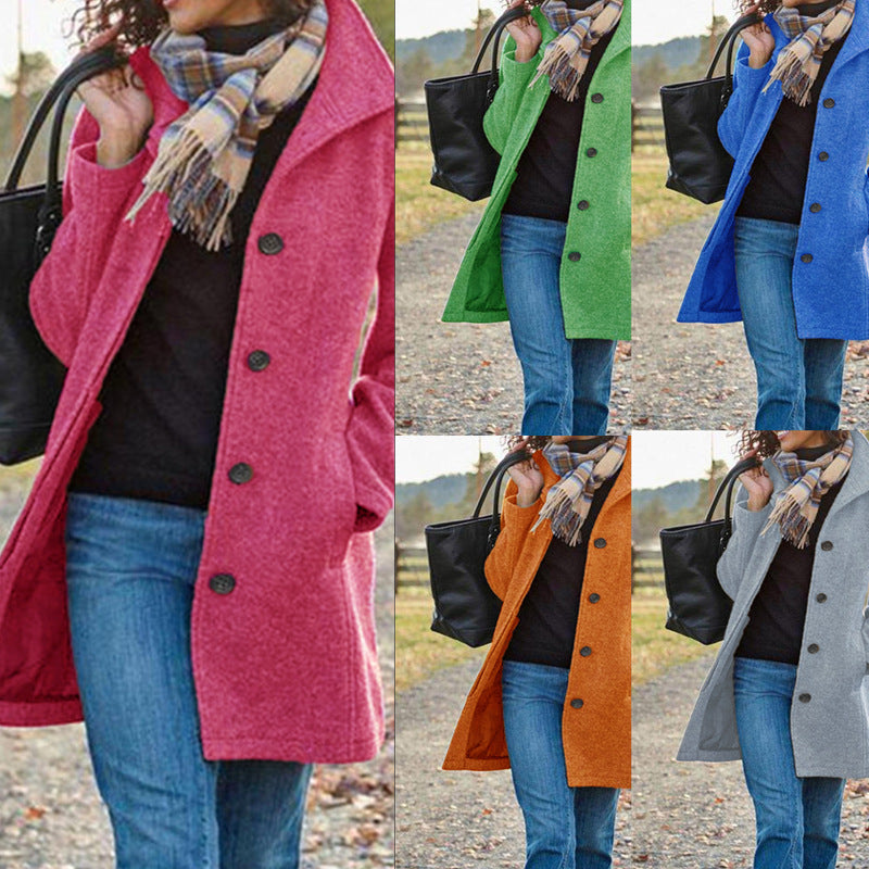 Ladies New Woolen Mid-length Multi-grain Buckle Cardigan Coat