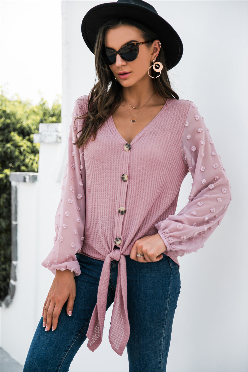 Women's V-neck long-sleeved casual stitching