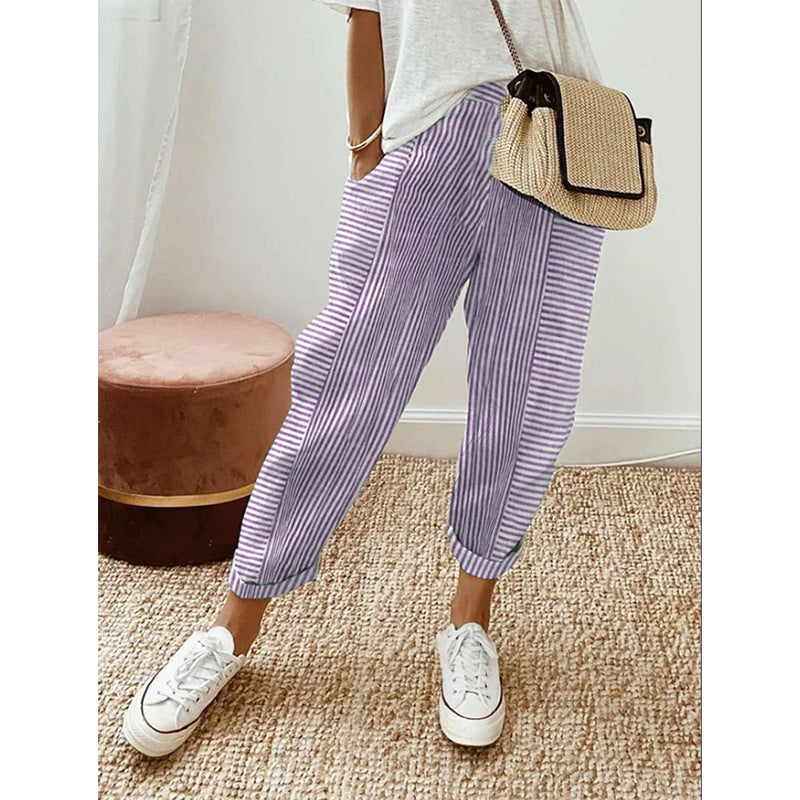 2025YJ Women's Striped Print Trousers Summer Fashion Casual Loose Pants