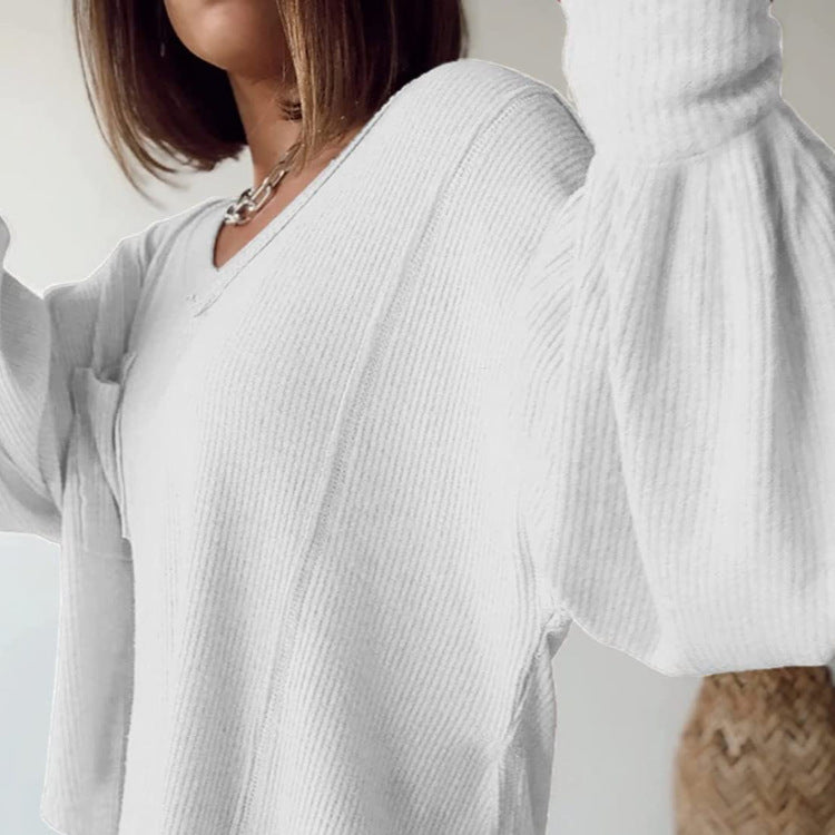 2025YJ Casual V-neck Pocket Lantern Sleeve Loose Knitted Pullover Shirt Women
