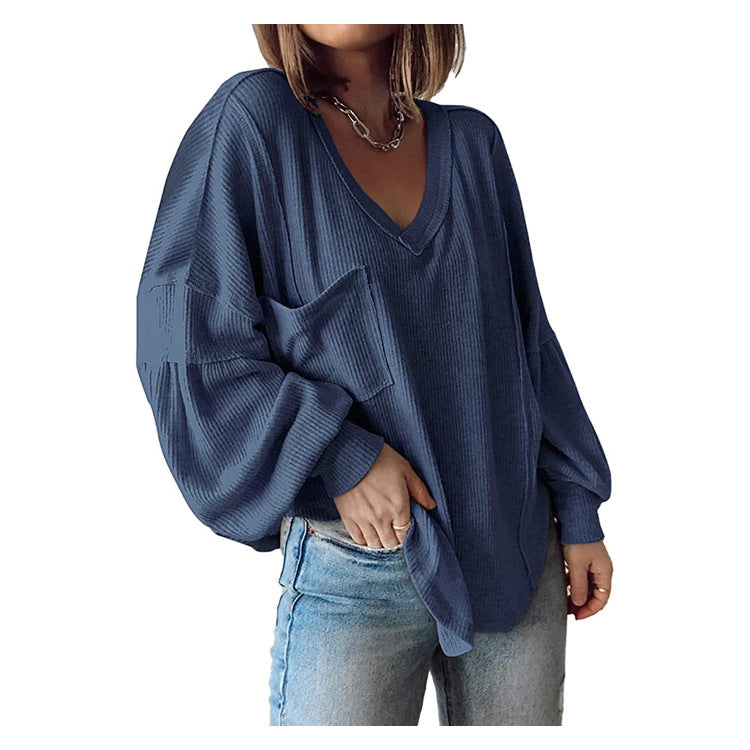 2025YJ Casual V-neck Pocket Lantern Sleeve Loose Knitted Pullover Shirt Women
