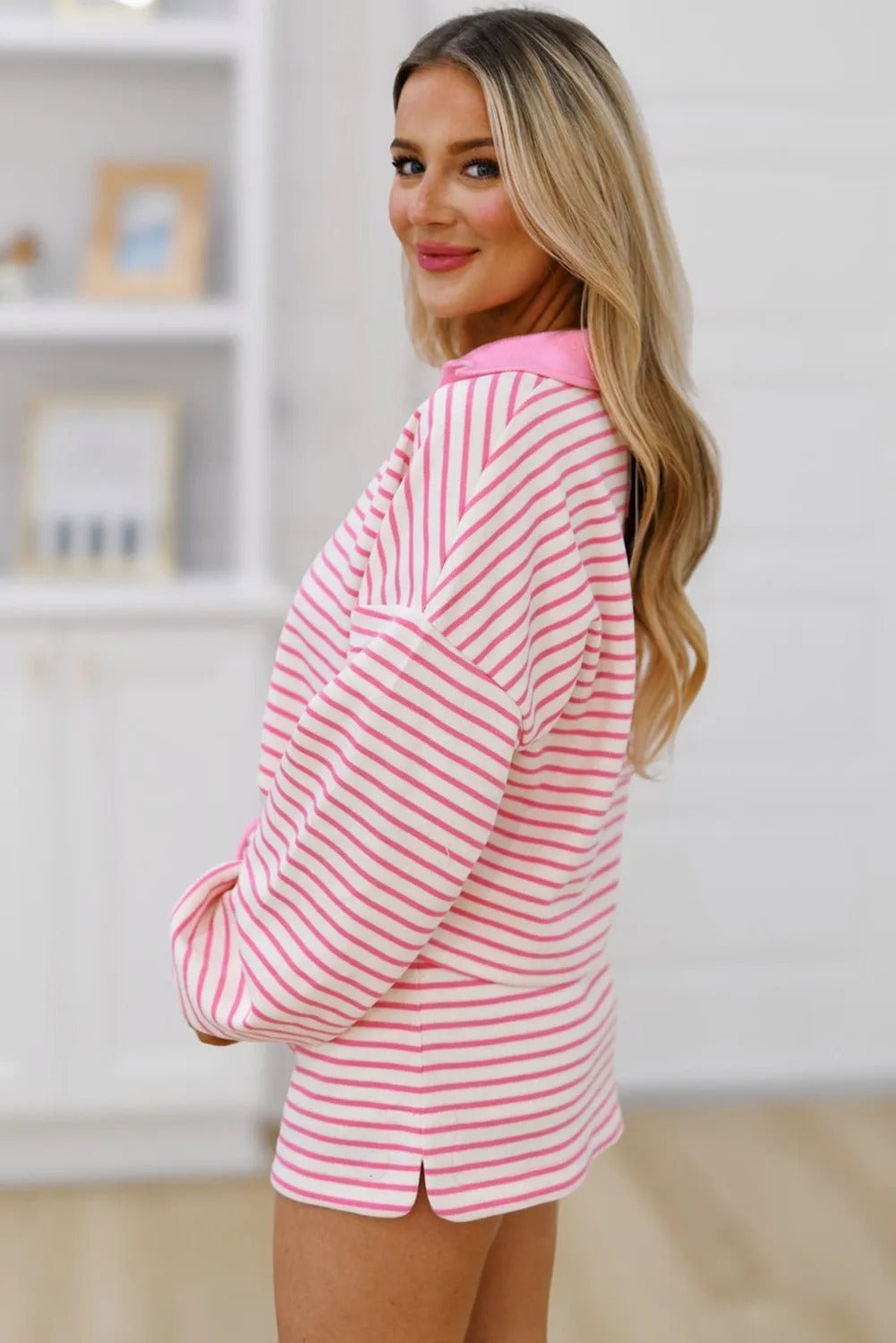 Stripe Collared V Neck Drop Shoulder Pullover And Skort 2pcs Outfit