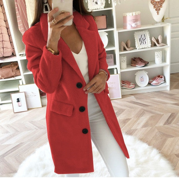 Solid Color Suit Collar Mid-Length Double-Breasted Woolen Coat
