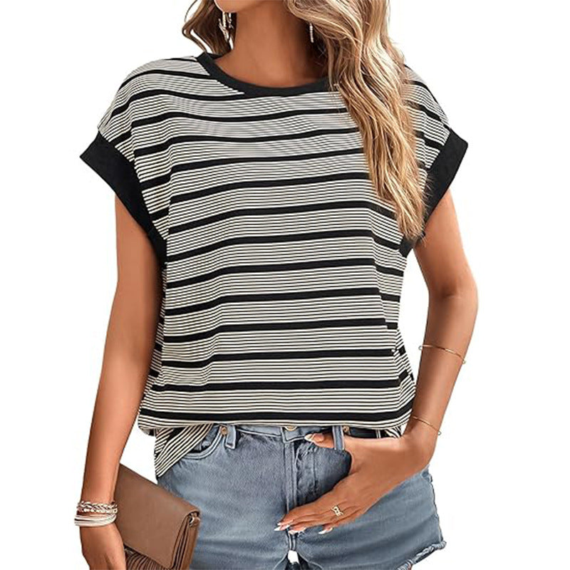 2025YJ Women's Clothing Stylish Loose Round Neck Stripe Knitted T-shirt