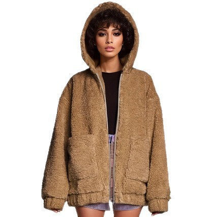 Plush Coat Female Temperament Hooded Fur With Pockets