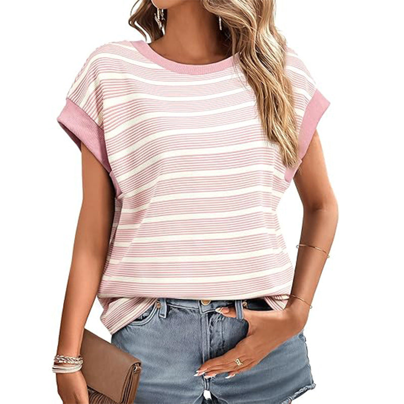 2025YJ Women's Clothing Stylish Loose Round Neck Stripe Knitted T-shirt