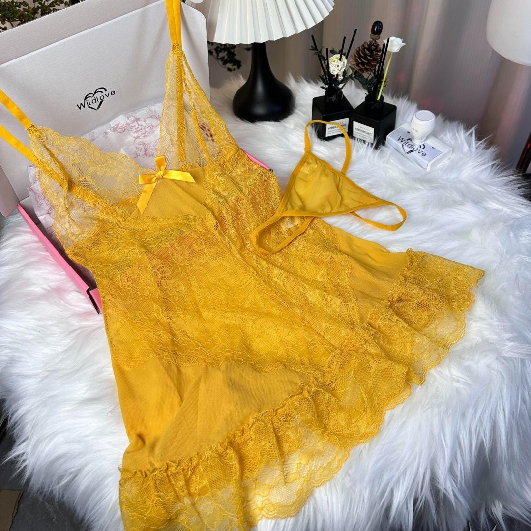 Women's One Piece Sexy And Cute Style Lace Cami NiahtdressRuffle Hem Sheer Babydoll Chemise Nightgown
