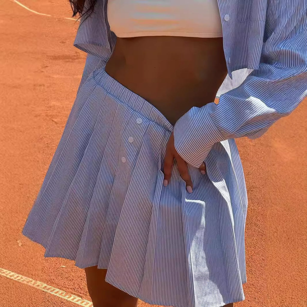 Casual Elastic Waist Pleated Skirt Two-piece Set