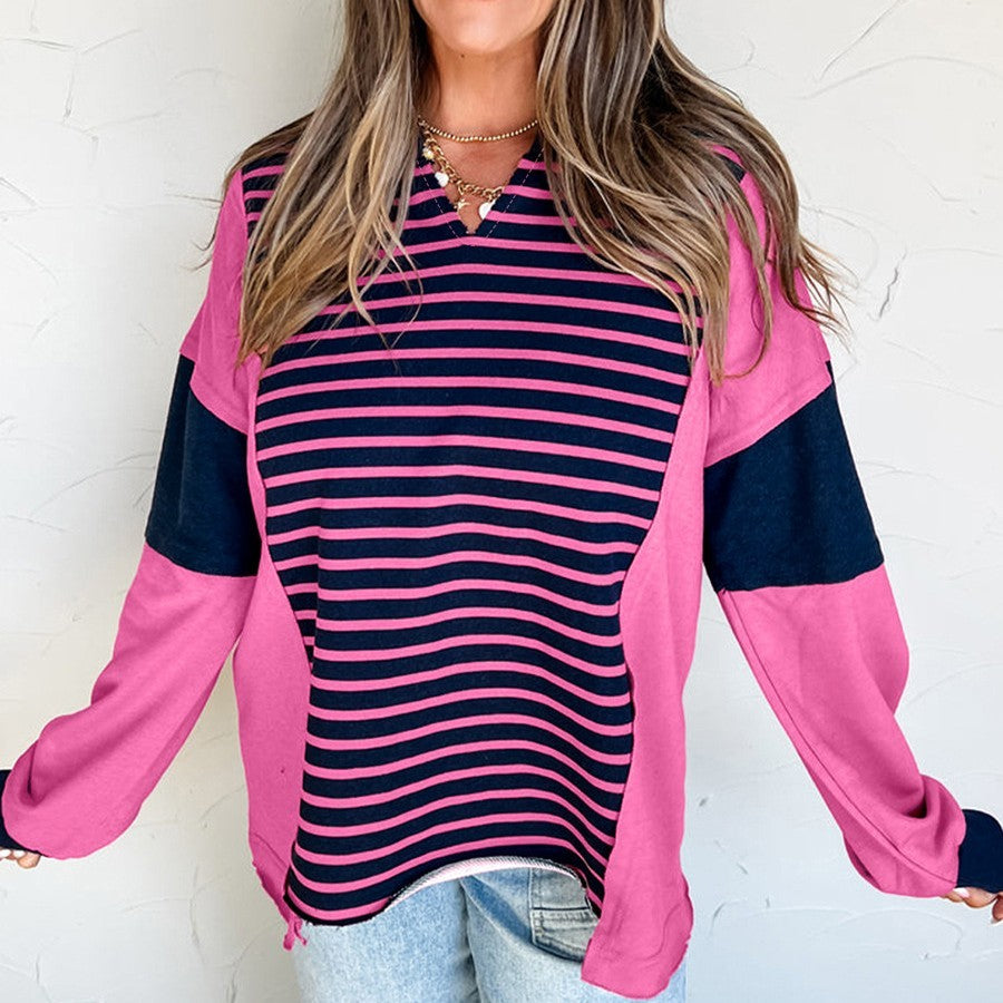 Color Contrast Patchwork V-neck Long Sleeve Top