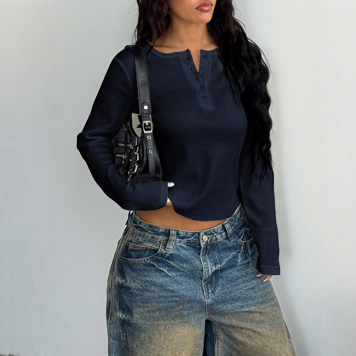 2025YJ Hot Girl Style Button Long Sleeve Vest T-shirt For Women