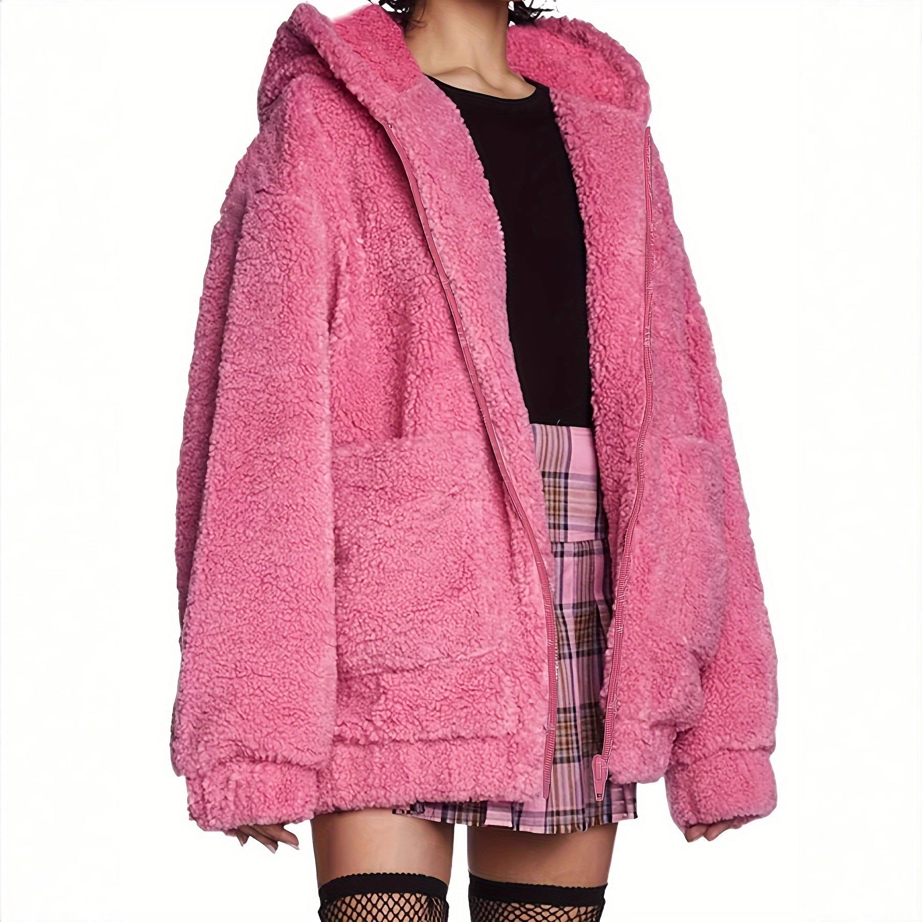 Plush Coat Female Temperament Hooded Fur With Pockets