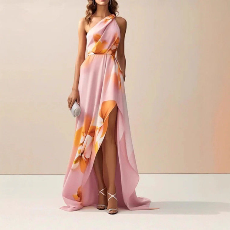 Elegant Slim Fit Tube Top Printed Halter Long Dress