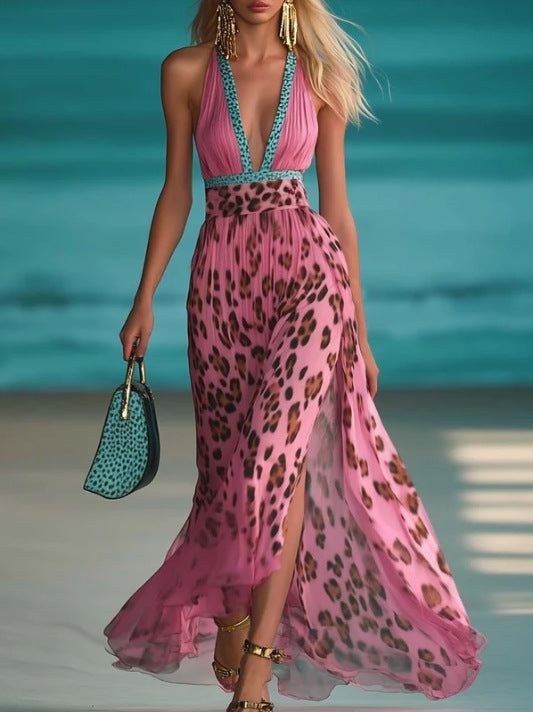 European And American Leopard Print V-neck Waist-controlled Slimming Temperament Camisole Dress