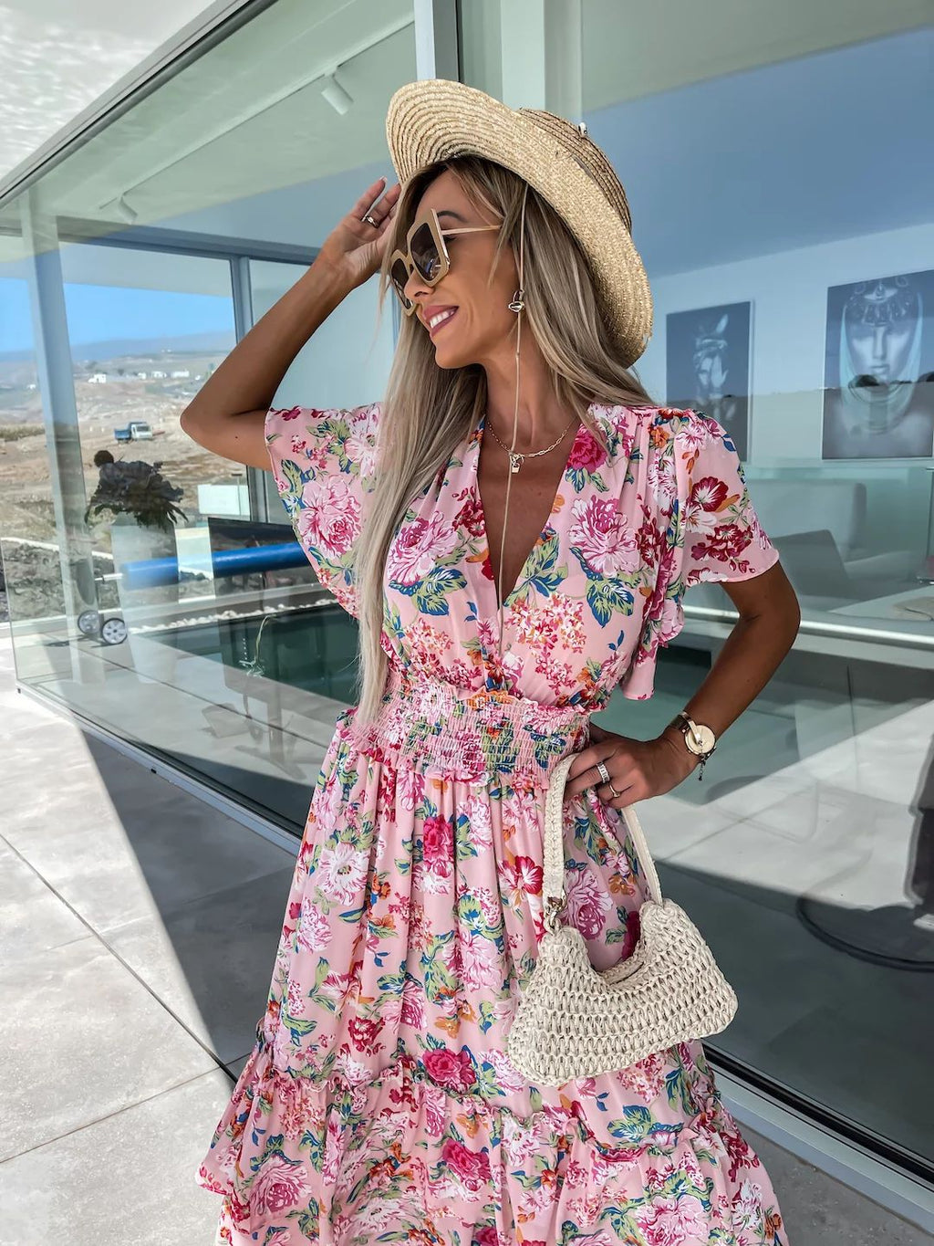 Summer Printed Short Sleeve Large Swing Skirt Dress