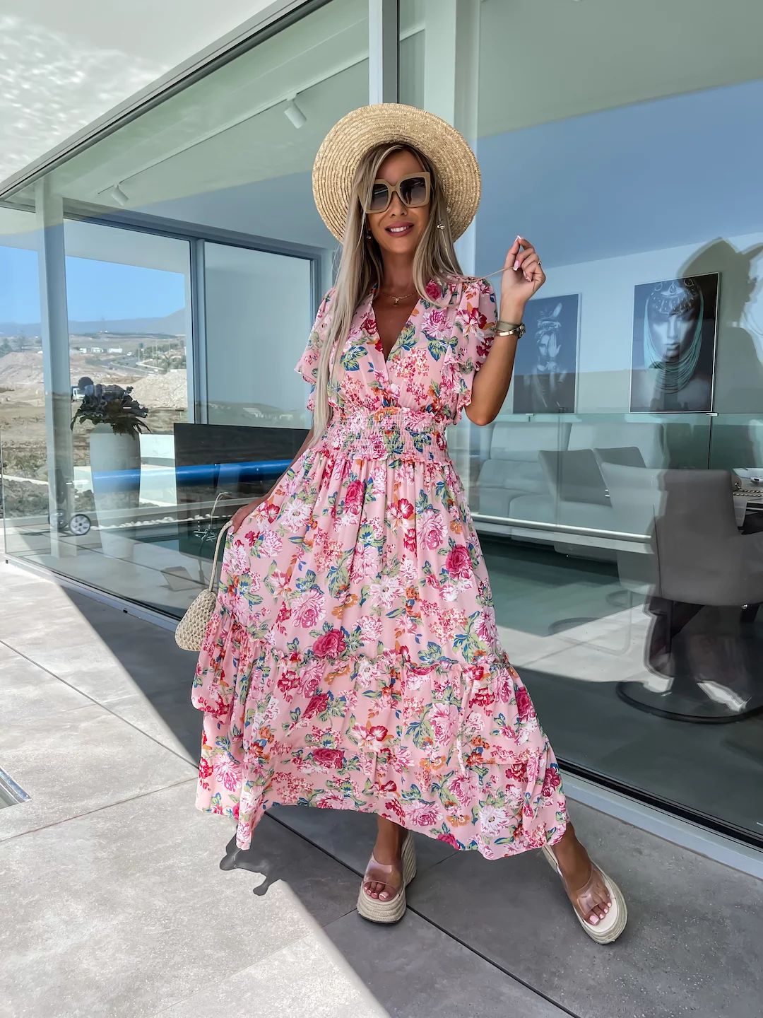 Summer Printed Short Sleeve Large Swing Skirt Dress