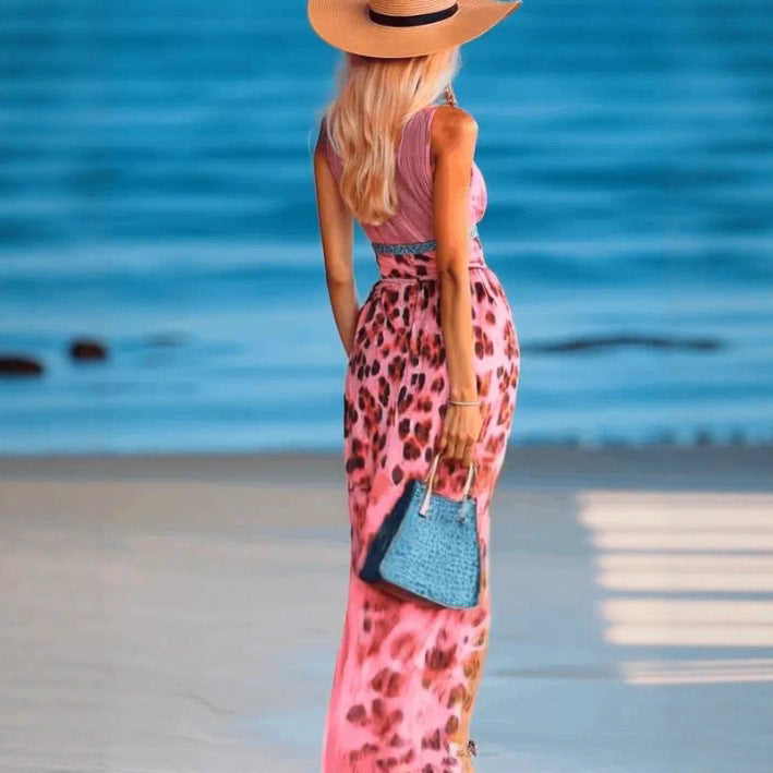 European And American Leopard Print V-neck Waist-controlled Slimming Temperament Camisole Dress