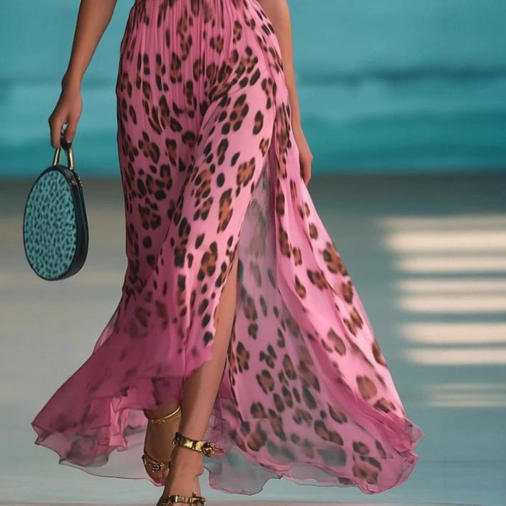 European And American Leopard Print V-neck Waist-controlled Slimming Temperament Camisole Dress