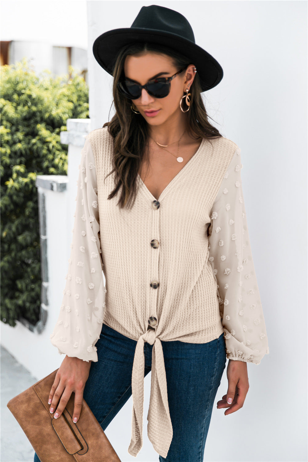 Women's V-neck long-sleeved casual stitching