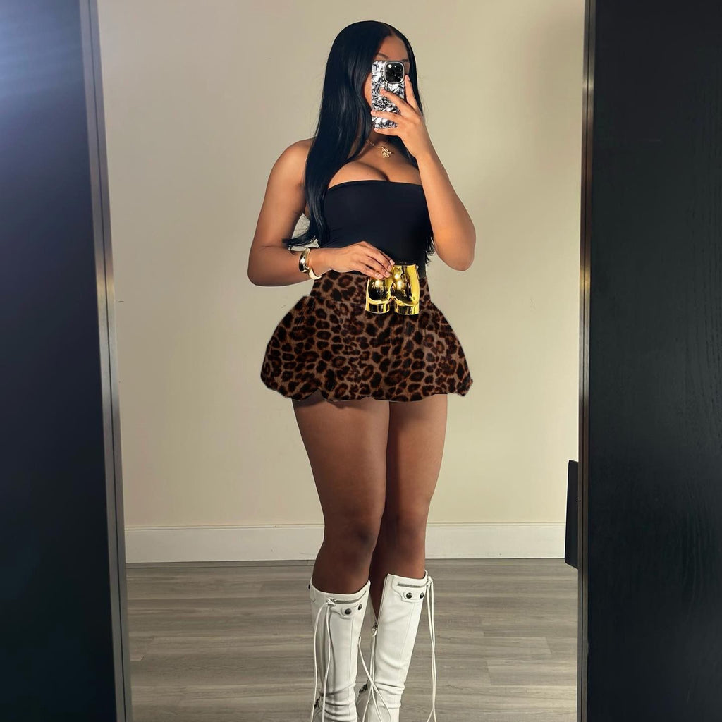YJ New leopard print all-match half-length bubble skirt
