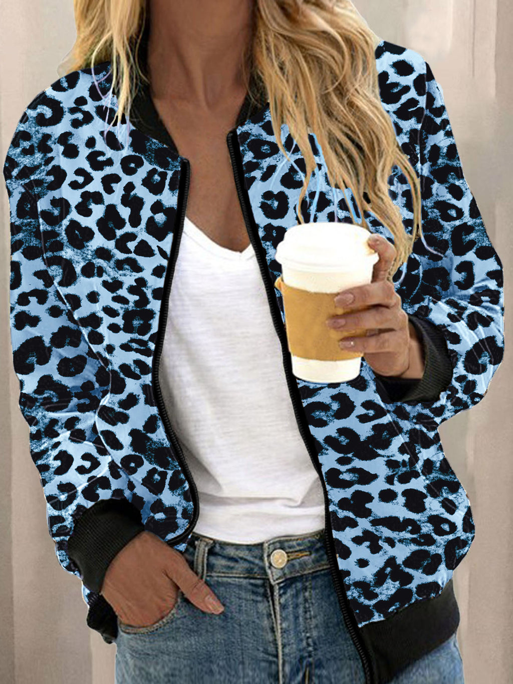 2025YJ Leopard Print Stand Collar Cardigan Zipper Coat