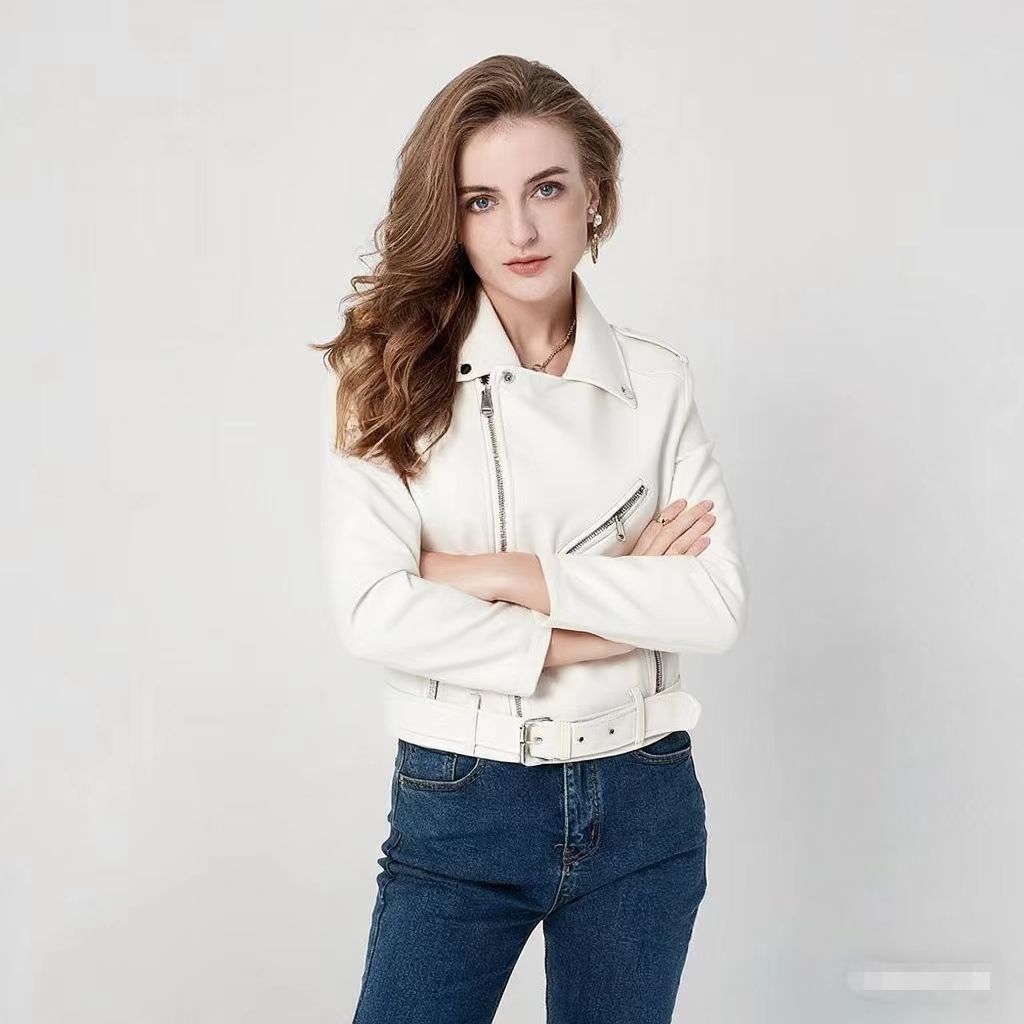 Women's Fashion Diagonal Zipper Slim Fit Washed Motorcycle Jacket
