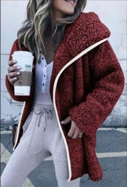 2025Coral fleece mid-length solid color coat