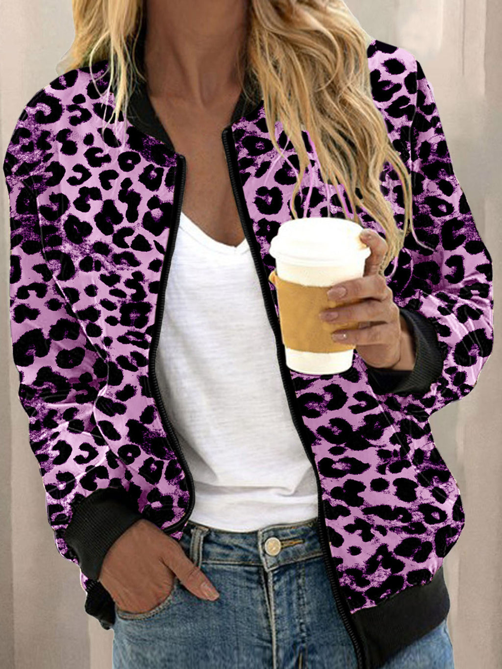 2025YJ Leopard Print Stand Collar Cardigan Zipper Coat