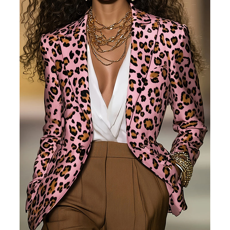 Women's slim-fit pink leopard print long-sleeved blazer