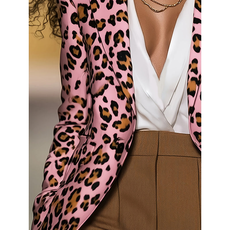 Women's slim-fit pink leopard print long-sleeved blazer
