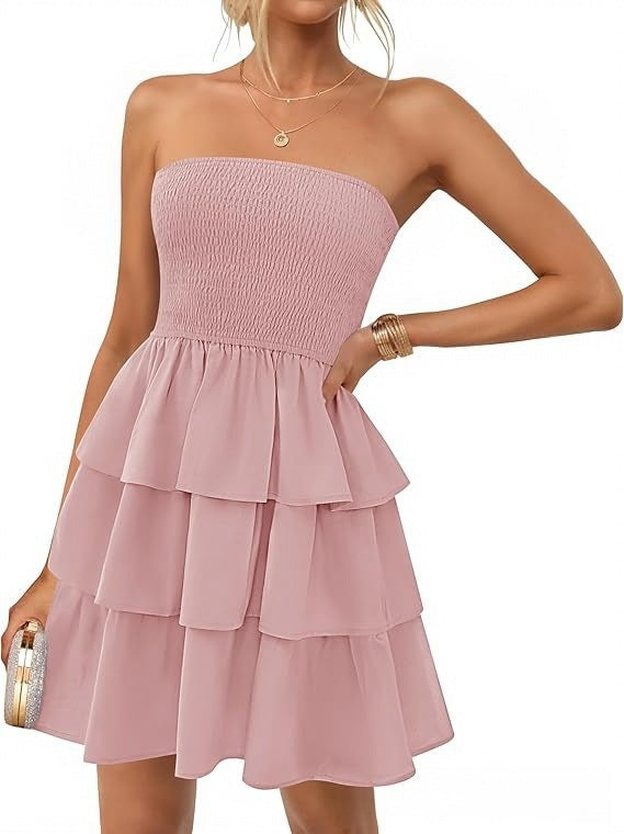 YJ Women's Summer Pleated Tube Top Dress Off-the-shoulder Dress