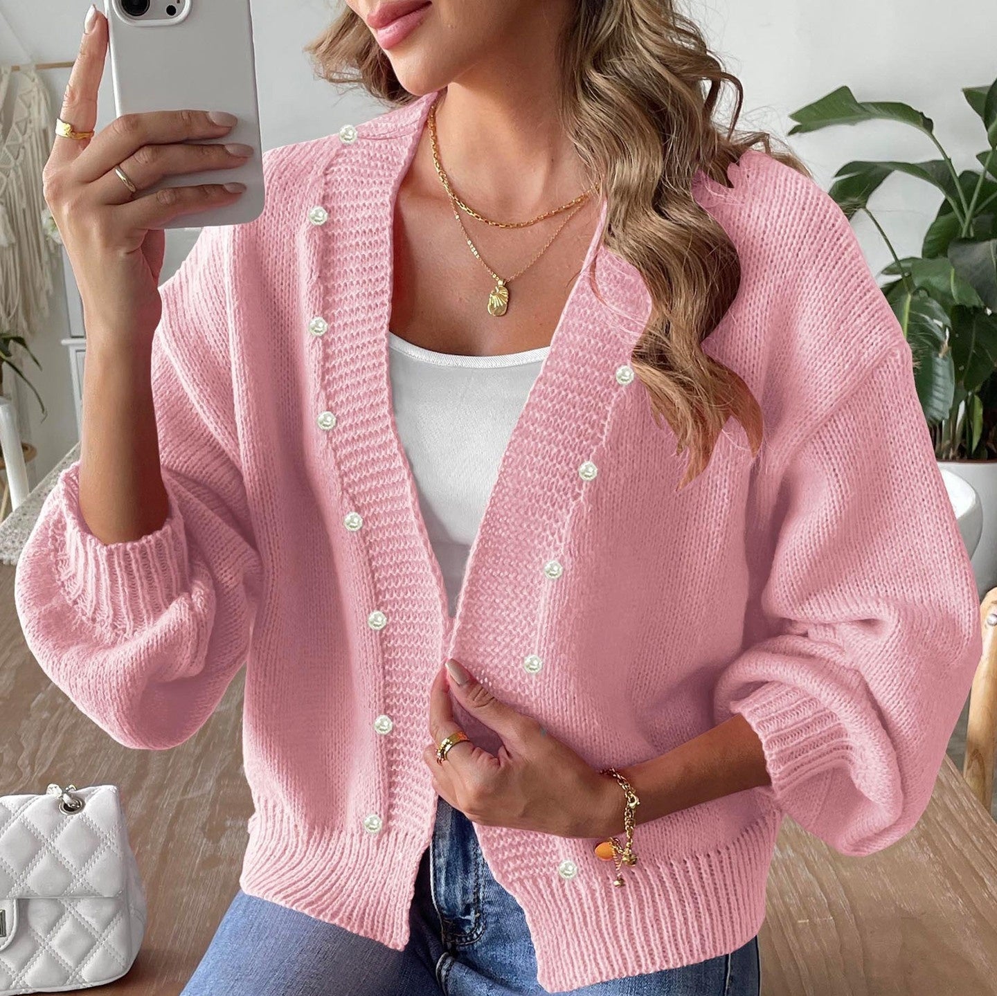 Women's Short Pearl Beaded Casual Loose Non-buckle Woven Sweater Coat