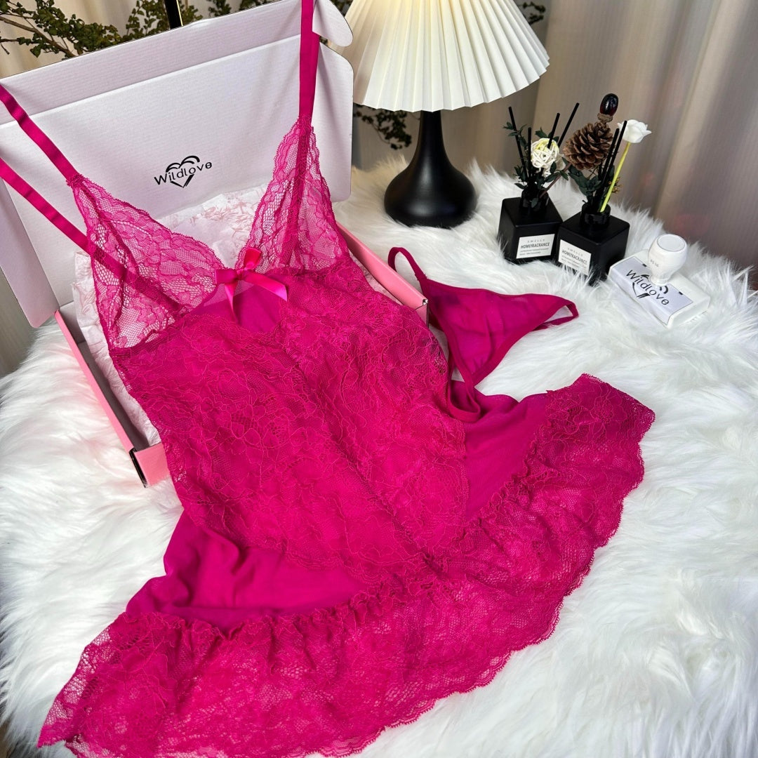 Women's One Piece Sexy And Cute Style Lace Cami NiahtdressRuffle Hem Sheer Babydoll Chemise Nightgown