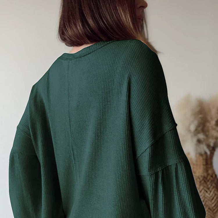 2025YJ Casual V-neck Pocket Lantern Sleeve Loose Knitted Pullover Shirt Women