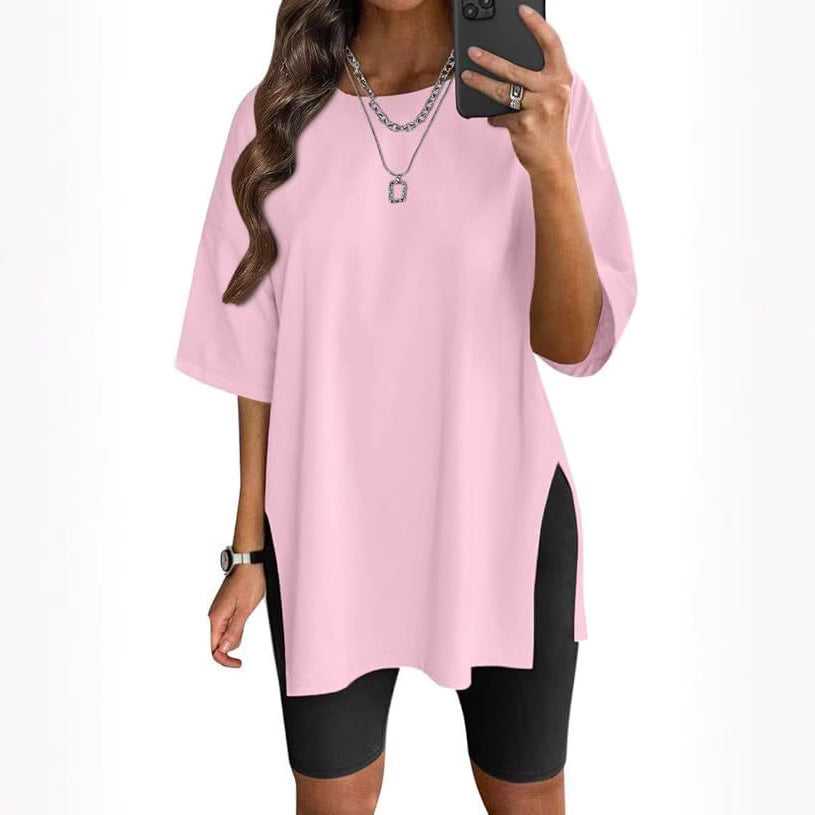 Women's Solid Color Split Short-sleeved T-shirt Round Neck Loose Top