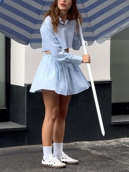 Casual Elastic Waist Pleated Skirt Two-piece Set