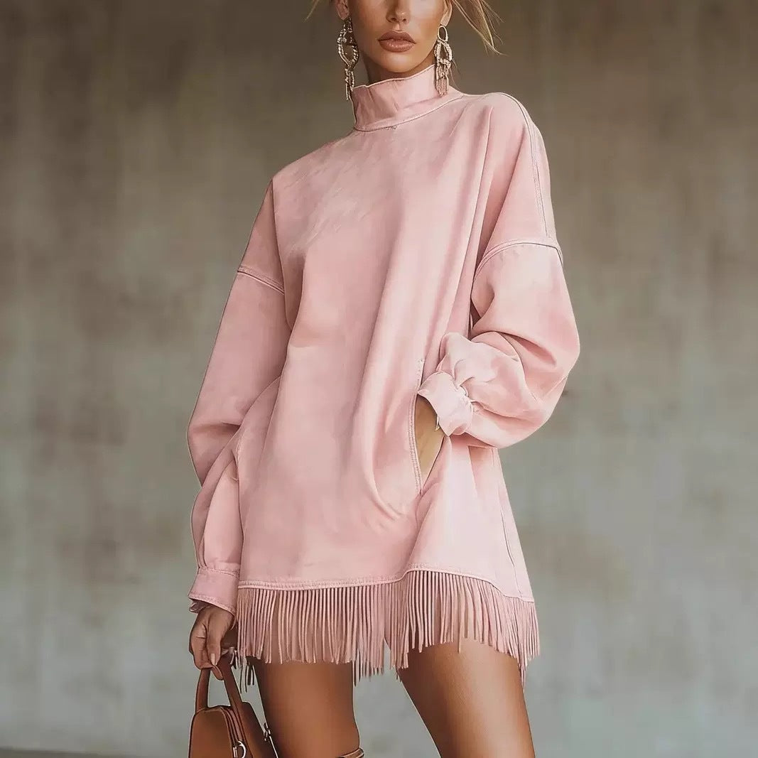 Loose Pockets Tassel Long Sleeve Suede Dress