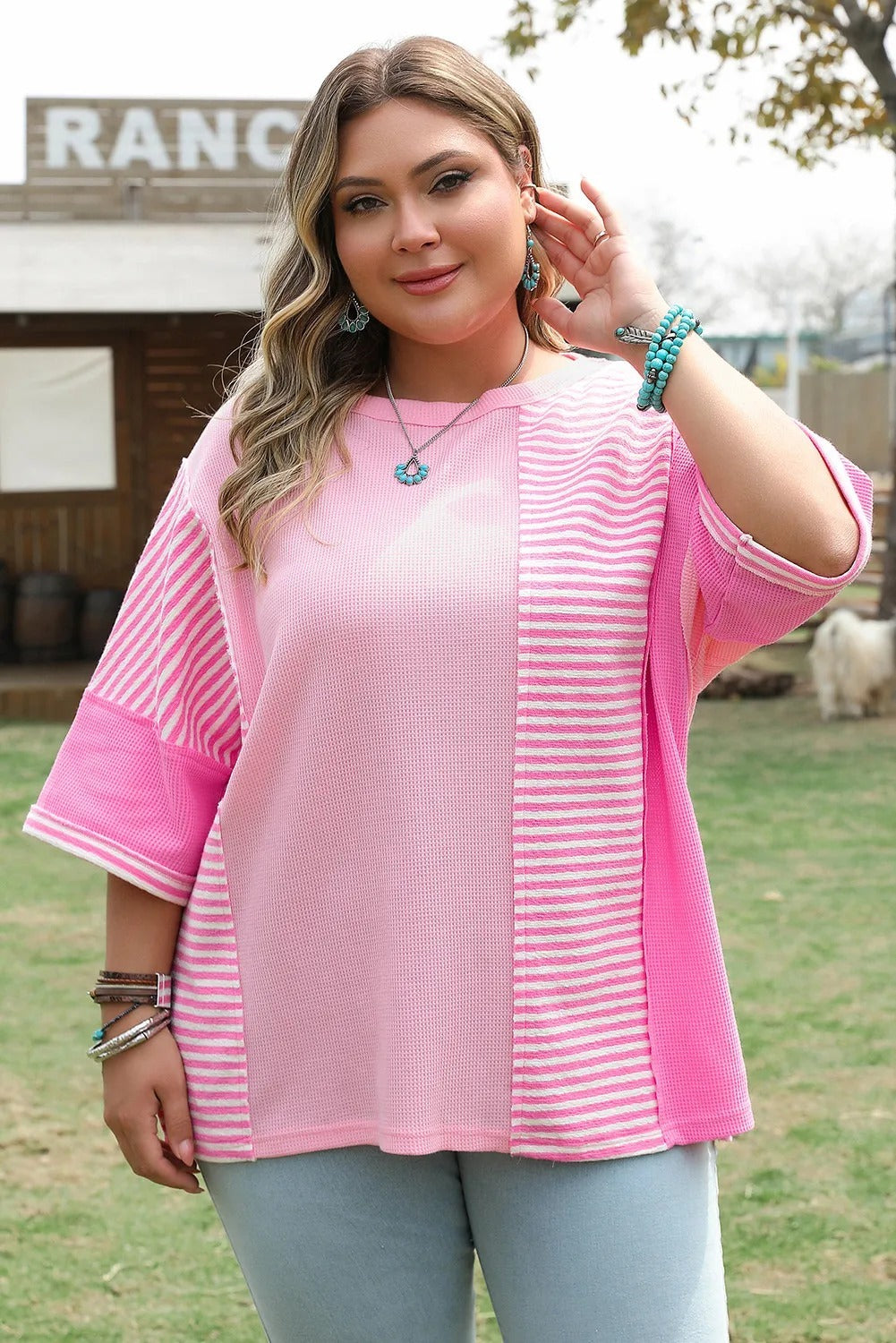 Stripe Patchwork Colorblock Plus Size T Shirt